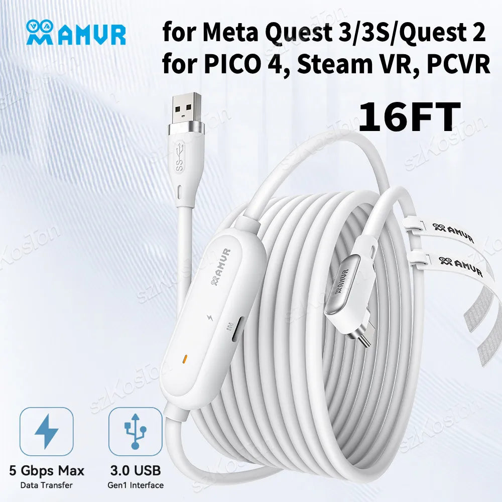 AMVR 16FT VR Link Cable Type-C USB with Separate Fast Charging Port for Meta Quest 3/3S/ Quest2 Pico4 Steam VR PCVR Accessories